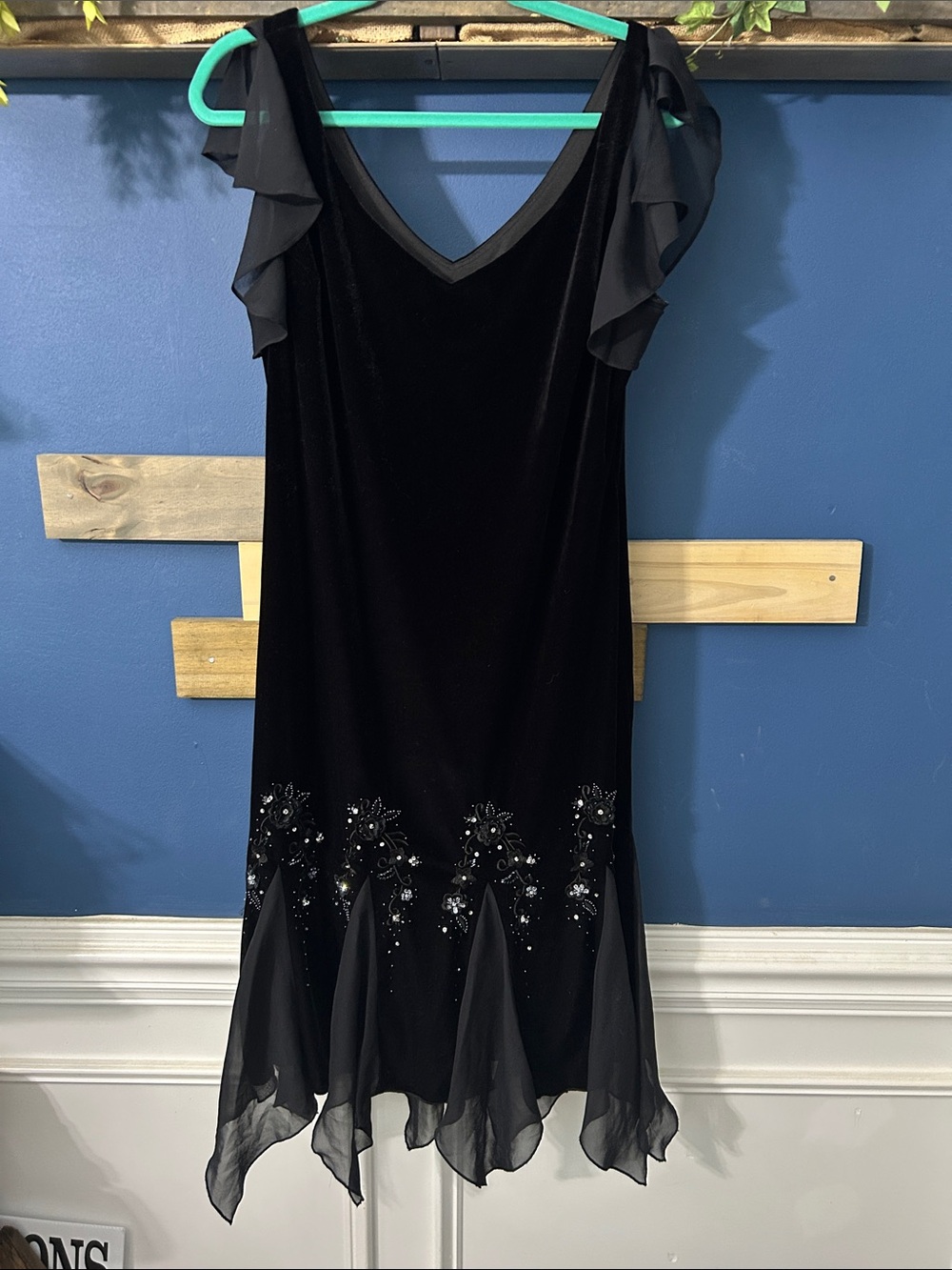 Vintage S.L. Fashions Black Velvet Midi Dress with beaded hem. 14